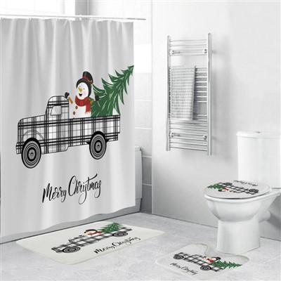 Çocuk Sevimli Karikatür Noel Ağacı Kardan Adam Araba Duş Perdesi 3D Dijital Baskı Su Geçirmez Banyo Perdesi